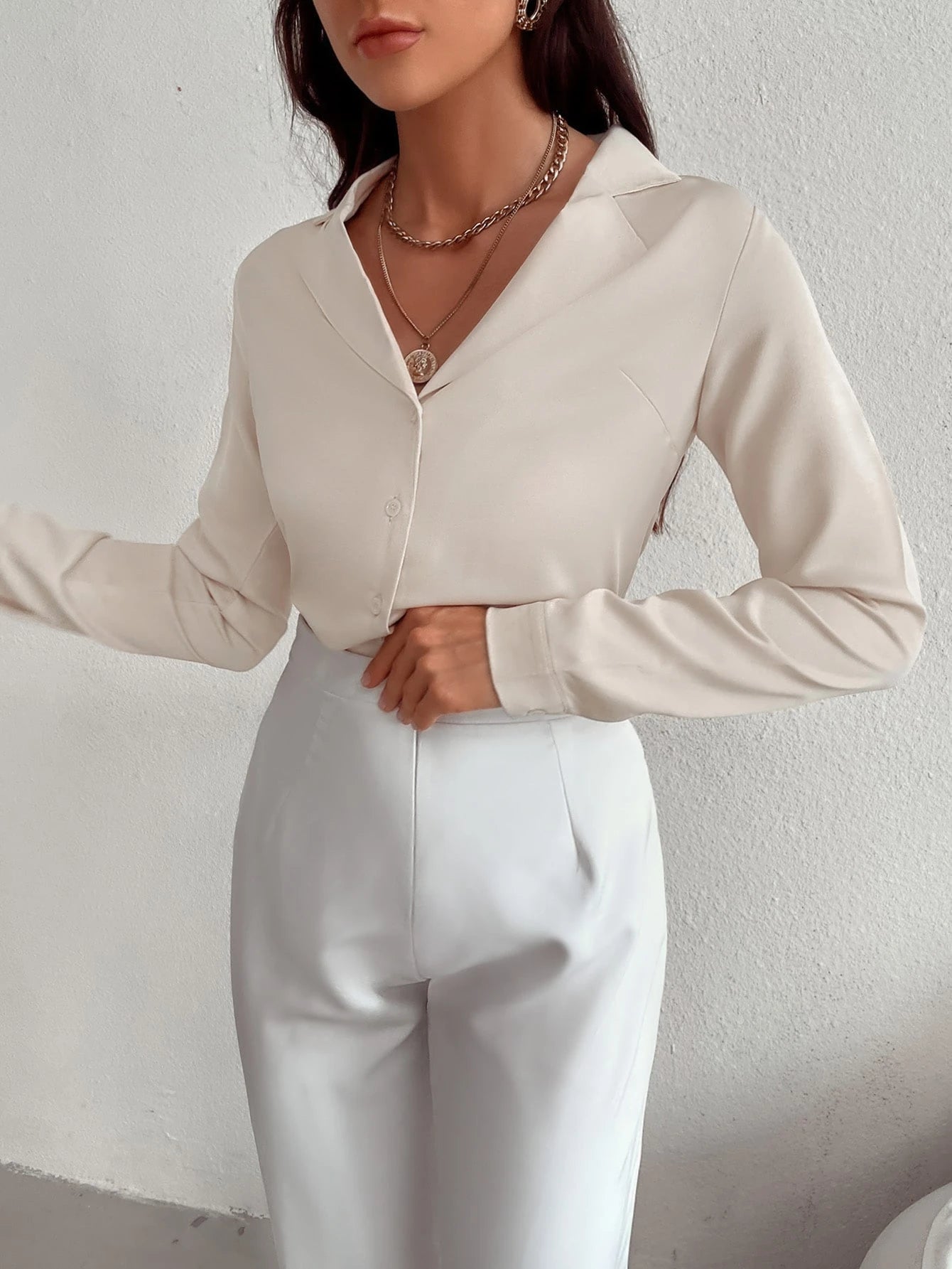 Aveloria Solid Button Front Blouse Elegant Business Casual Women