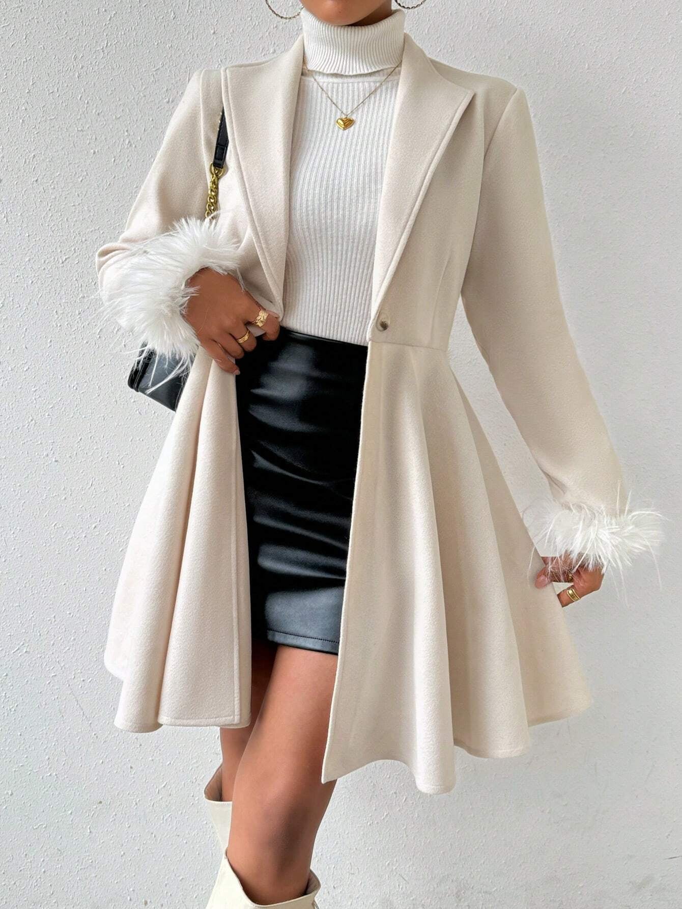 Calvaya Solid Color Overcoat with Fringed Cuff and Single Button Closure