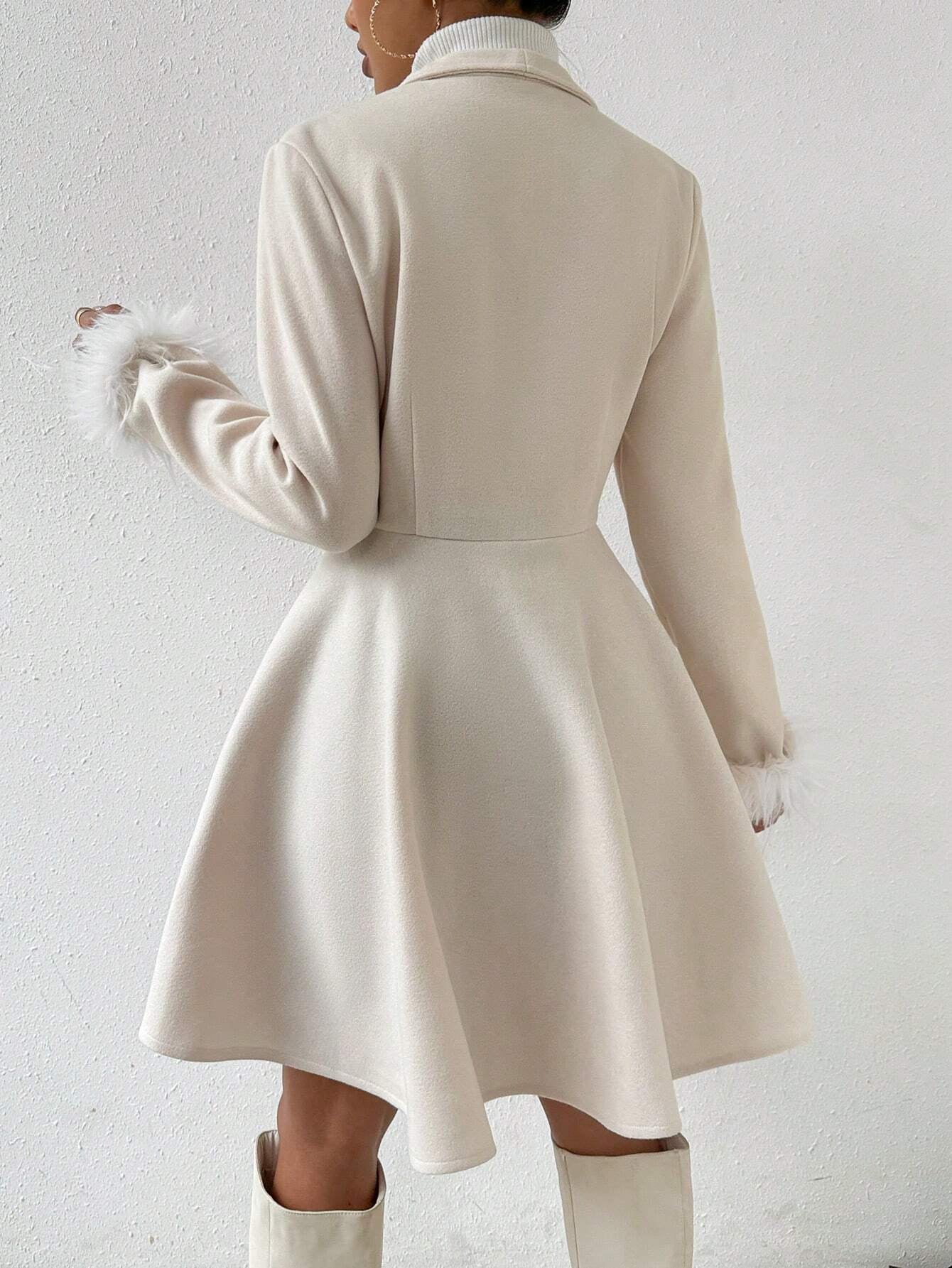 Calvaya Solid Color Overcoat with Fringed Cuff and Single Button Closure