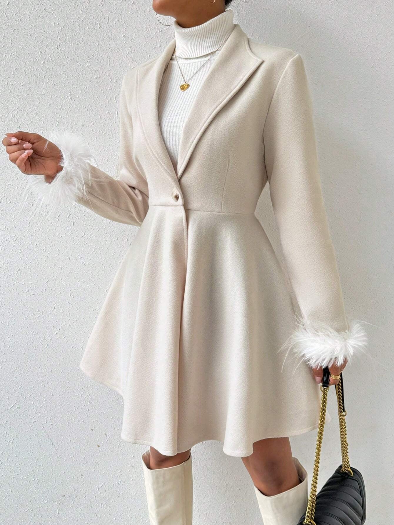 Calvaya Solid Color Overcoat with Fringed Cuff and Single Button Closure