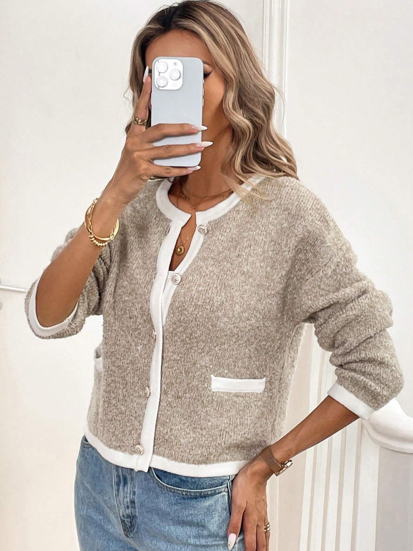 Calvaya Short Pocket Knitted Cardigan Sweater,Long Sleeve Tops